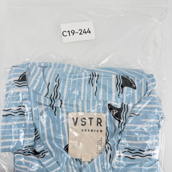 VSTR Premium Mens XL Shark Fin Stripe Button Up Shirt Blue Short Sleeve Viscose - Picture 12 of 12